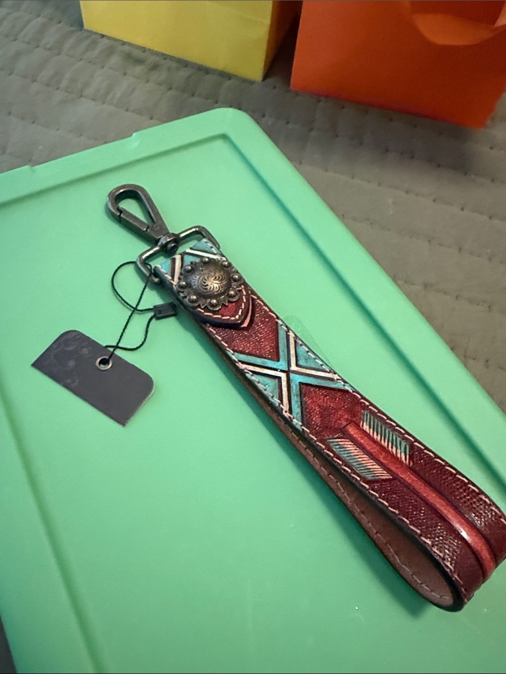 American Darling Red and Turquoise Embossed Leather Key Wristlet